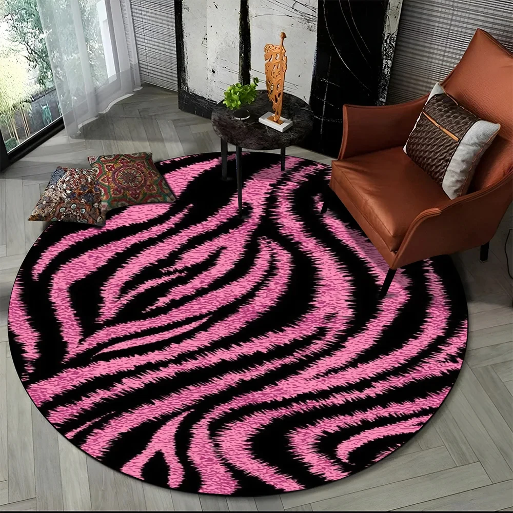 Commercial Printing Machine - Pink Zebra Stripe Print Round Rug